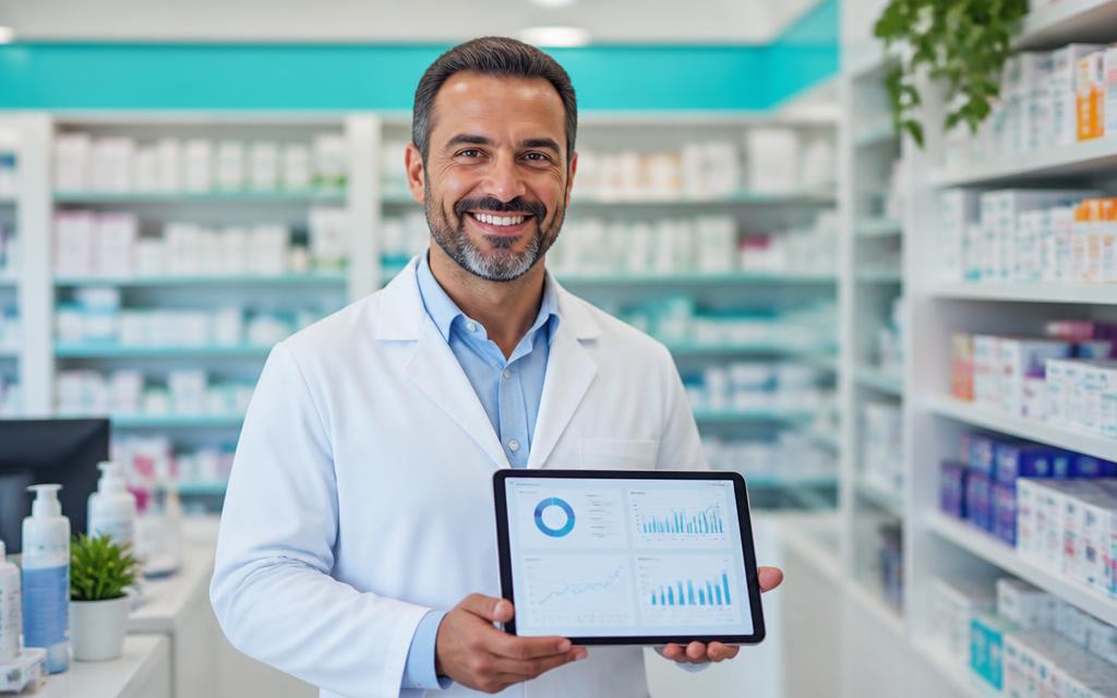 Φαρμακοποιός με tablet που δείχνει το αναλυτικό dashboard του RxVision